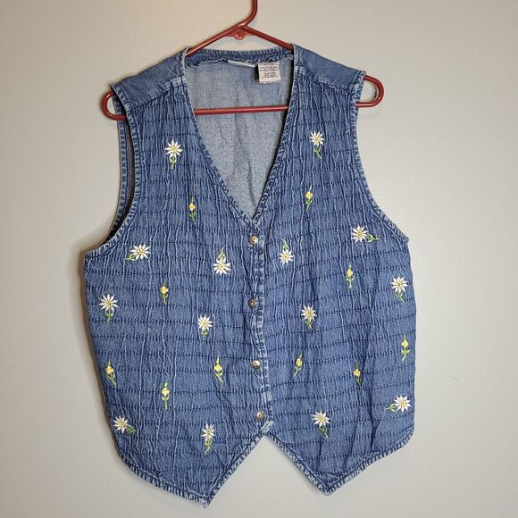 90s Bobbie Brooks Denim Floral Embroidered Vest Lagenlook Cottagecore Size L - Picture 2 of 12